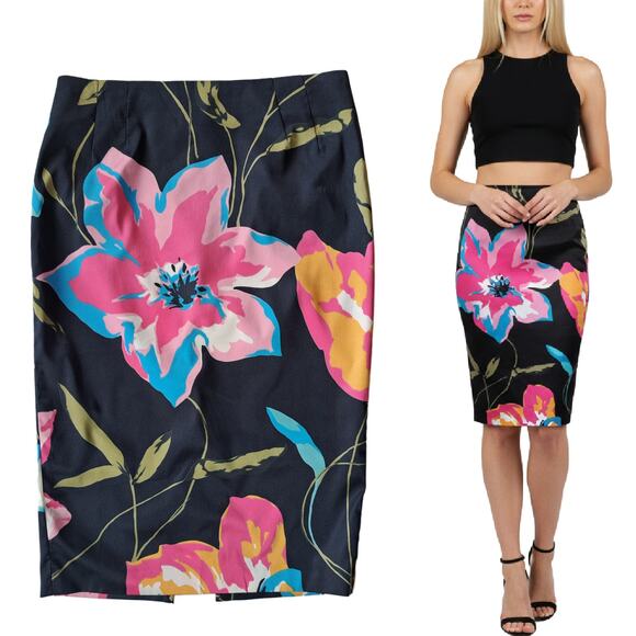 DOLCE  & GABBANA D&G Black Floral Print Satin Pencil Skirt IT 42 Small - Picture 1 of 10